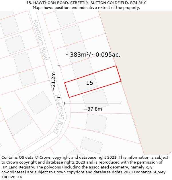 15, HAWTHORN ROAD, STREETLY, SUTTON COLDFIELD, B74 3HY: Plot and title map