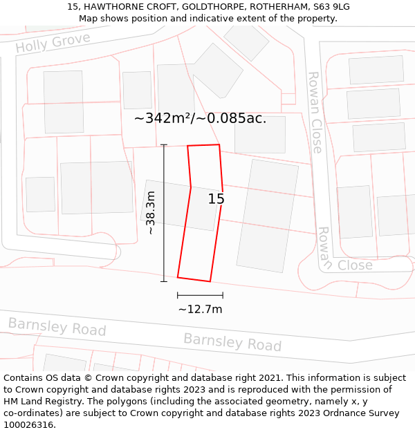 15, HAWTHORNE CROFT, GOLDTHORPE, ROTHERHAM, S63 9LG: Plot and title map