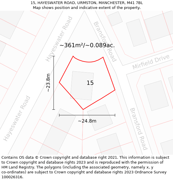 15, HAYESWATER ROAD, URMSTON, MANCHESTER, M41 7BL: Plot and title map