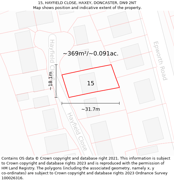 15, HAYFIELD CLOSE, HAXEY, DONCASTER, DN9 2NT: Plot and title map