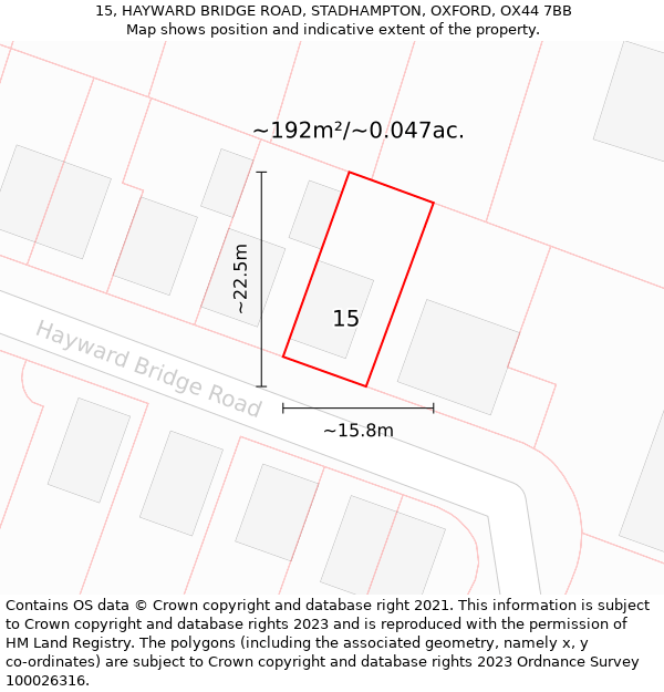 15, HAYWARD BRIDGE ROAD, STADHAMPTON, OXFORD, OX44 7BB: Plot and title map