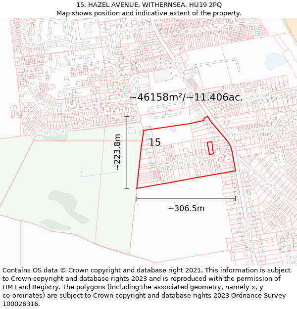 15, HAZEL AVENUE, WITHERNSEA, HU19 2PQ: Plot and title map