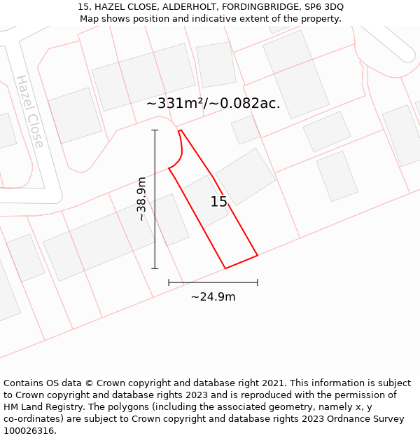 15, HAZEL CLOSE, ALDERHOLT, FORDINGBRIDGE, SP6 3DQ: Plot and title map