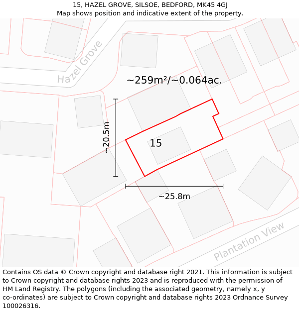 15, HAZEL GROVE, SILSOE, BEDFORD, MK45 4GJ: Plot and title map