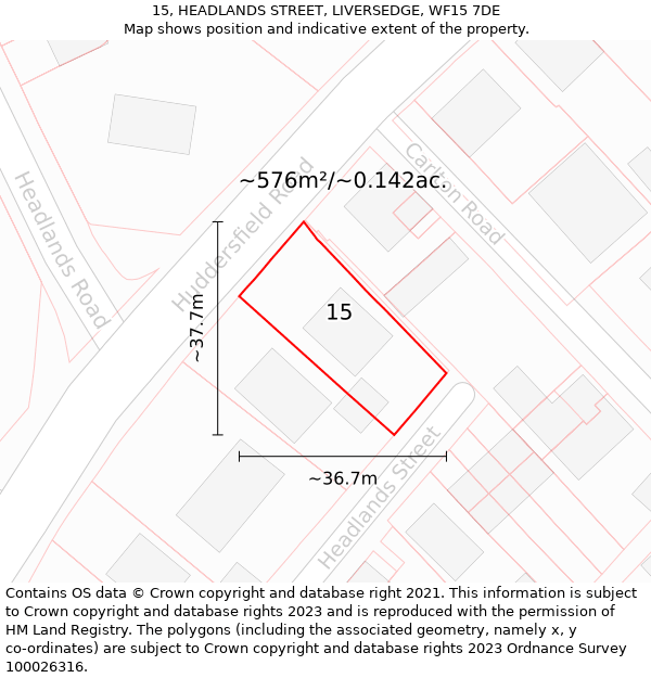 15, HEADLANDS STREET, LIVERSEDGE, WF15 7DE: Plot and title map