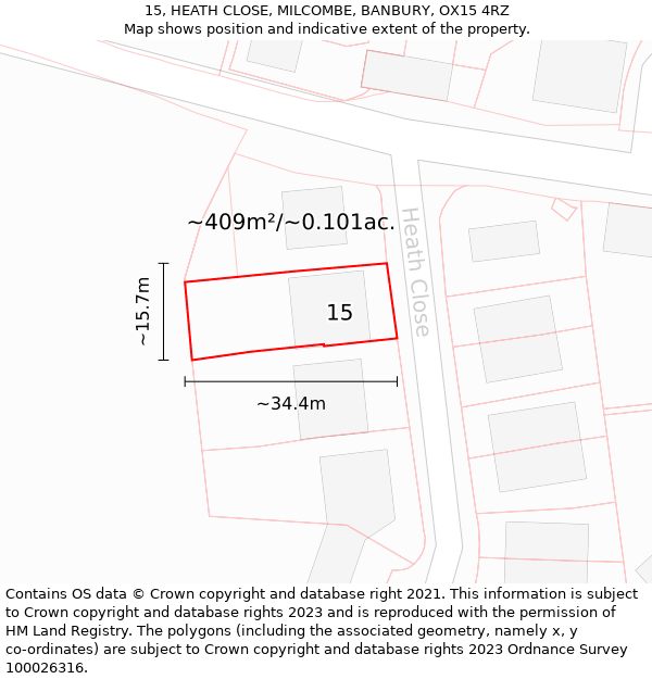 15, HEATH CLOSE, MILCOMBE, BANBURY, OX15 4RZ: Plot and title map