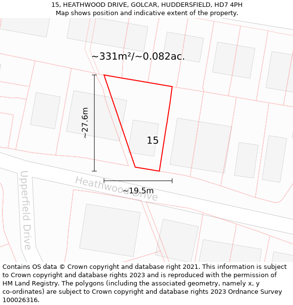 15, HEATHWOOD DRIVE, GOLCAR, HUDDERSFIELD, HD7 4PH: Plot and title map