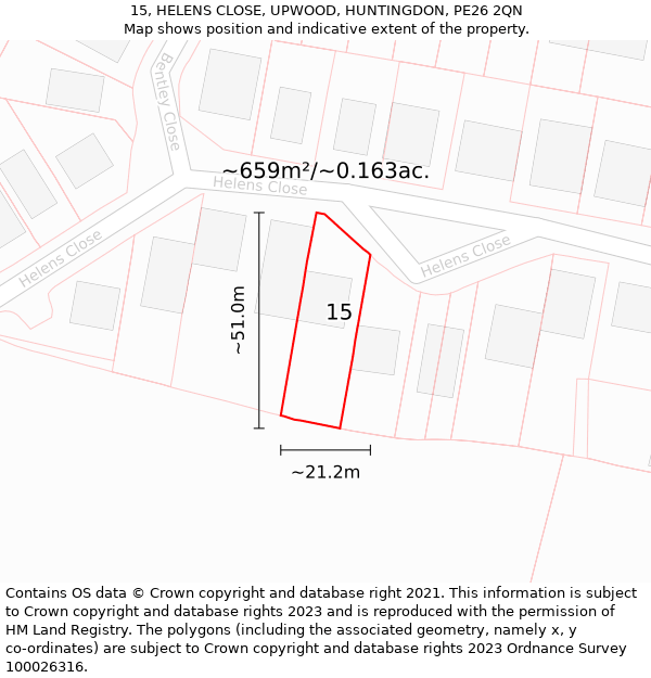 15, HELENS CLOSE, UPWOOD, HUNTINGDON, PE26 2QN: Plot and title map