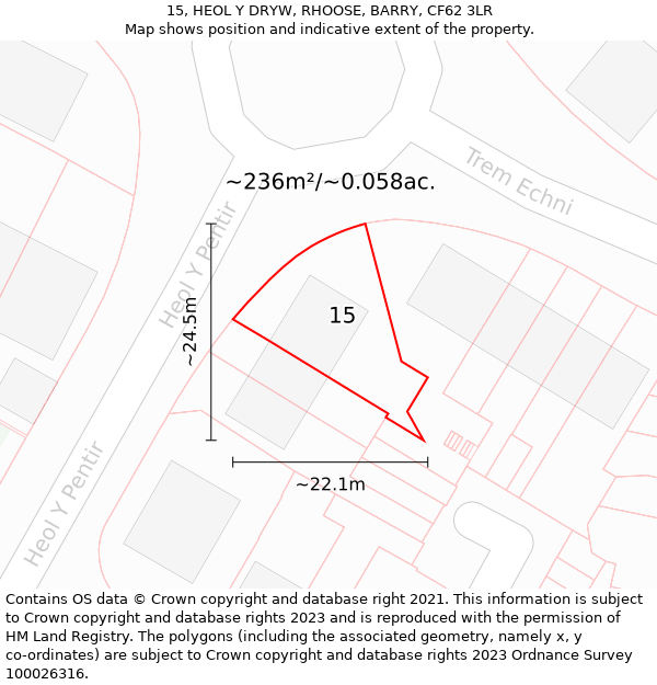 15, HEOL Y DRYW, RHOOSE, BARRY, CF62 3LR: Plot and title map