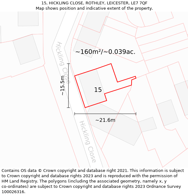 15, HICKLING CLOSE, ROTHLEY, LEICESTER, LE7 7QF: Plot and title map