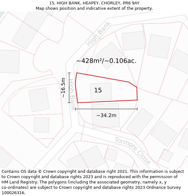 15, HIGH BANK, HEAPEY, CHORLEY, PR6 9AY: Plot and title map