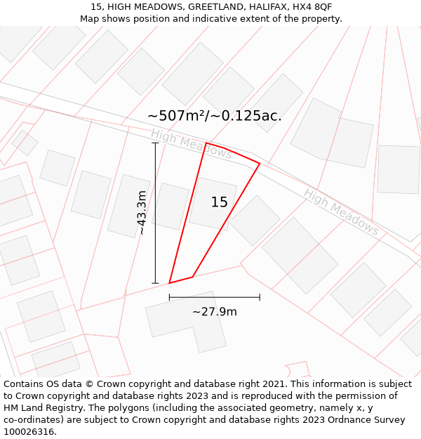 15, HIGH MEADOWS, GREETLAND, HALIFAX, HX4 8QF: Plot and title map