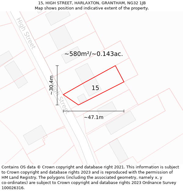 15, HIGH STREET, HARLAXTON, GRANTHAM, NG32 1JB: Plot and title map