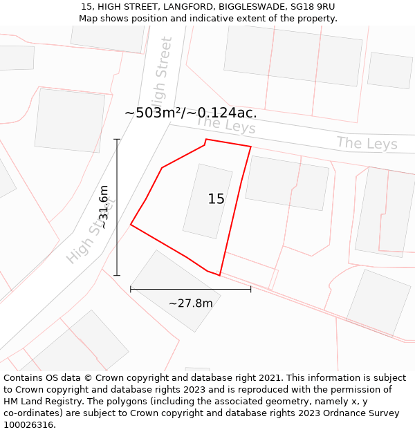 15, HIGH STREET, LANGFORD, BIGGLESWADE, SG18 9RU: Plot and title map