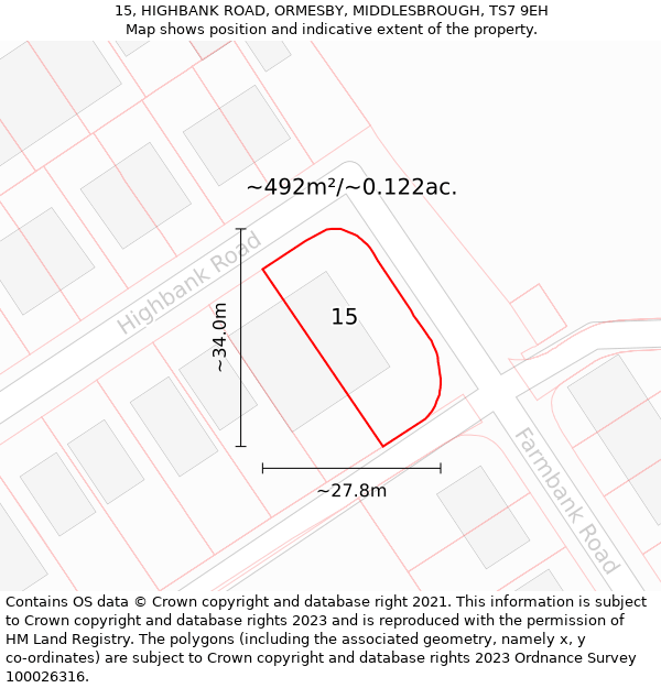 15, HIGHBANK ROAD, ORMESBY, MIDDLESBROUGH, TS7 9EH: Plot and title map