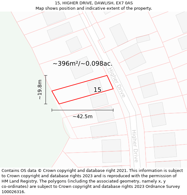 15, HIGHER DRIVE, DAWLISH, EX7 0AS: Plot and title map