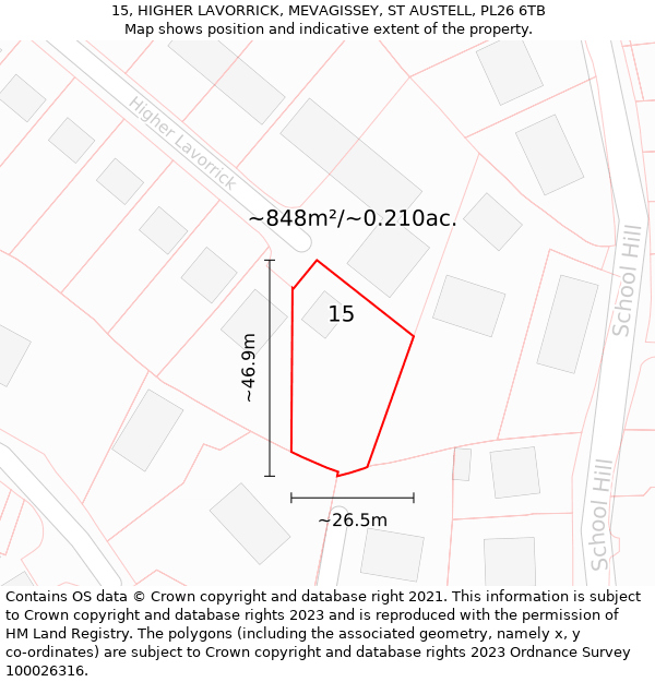 15, HIGHER LAVORRICK, MEVAGISSEY, ST AUSTELL, PL26 6TB: Plot and title map