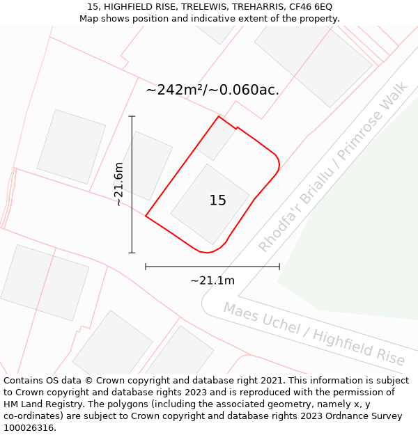 15, HIGHFIELD RISE, TRELEWIS, TREHARRIS, CF46 6EQ: Plot and title map