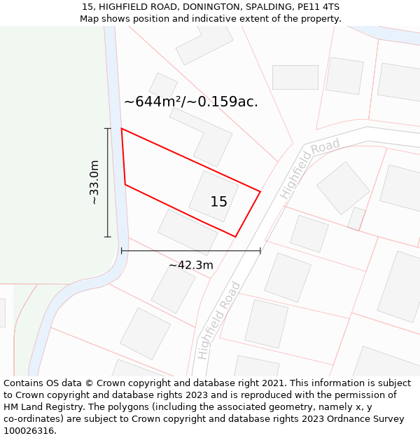 15, HIGHFIELD ROAD, DONINGTON, SPALDING, PE11 4TS: Plot and title map