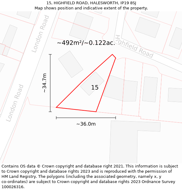 15, HIGHFIELD ROAD, HALESWORTH, IP19 8SJ: Plot and title map