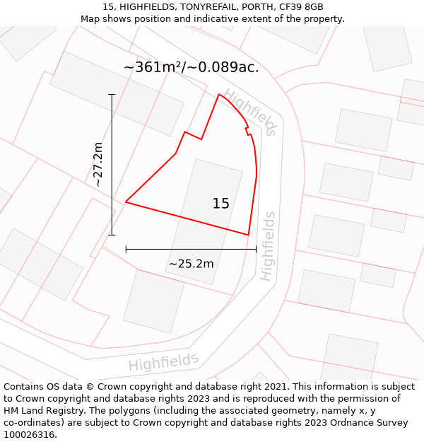 15, HIGHFIELDS, TONYREFAIL, PORTH, CF39 8GB: Plot and title map