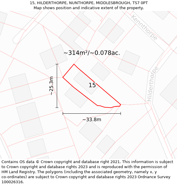 15, HILDERTHORPE, NUNTHORPE, MIDDLESBROUGH, TS7 0PT: Plot and title map