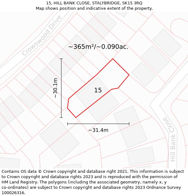 15, HILL BANK CLOSE, STALYBRIDGE, SK15 3RQ: Plot and title map