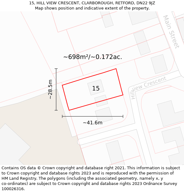 15, HILL VIEW CRESCENT, CLARBOROUGH, RETFORD, DN22 9JZ: Plot and title map