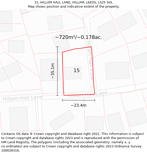 15, HILLAM HALL LANE, HILLAM, LEEDS, LS25 5HL: Plot and title map