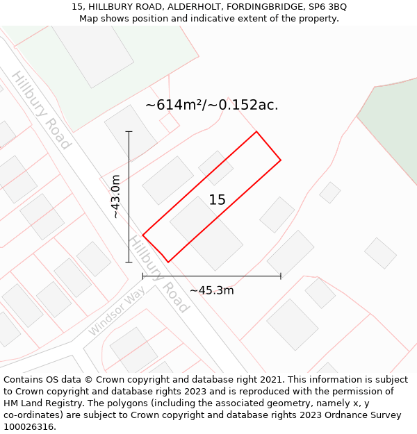 15, HILLBURY ROAD, ALDERHOLT, FORDINGBRIDGE, SP6 3BQ: Plot and title map