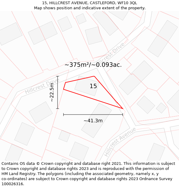 15, HILLCREST AVENUE, CASTLEFORD, WF10 3QL: Plot and title map