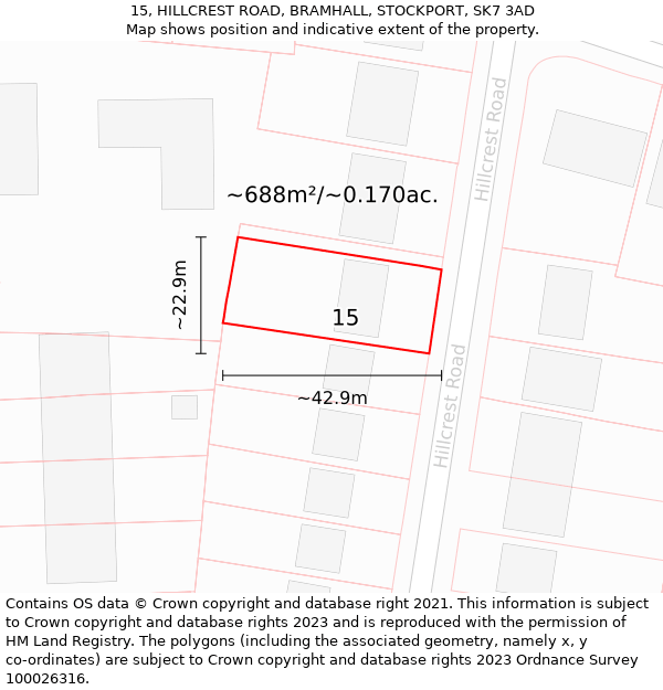 15, HILLCREST ROAD, BRAMHALL, STOCKPORT, SK7 3AD: Plot and title map