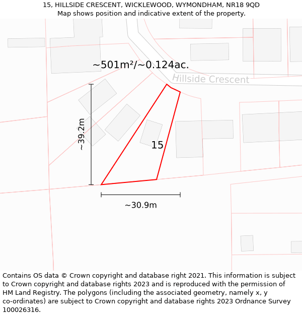 15, HILLSIDE CRESCENT, WICKLEWOOD, WYMONDHAM, NR18 9QD: Plot and title map