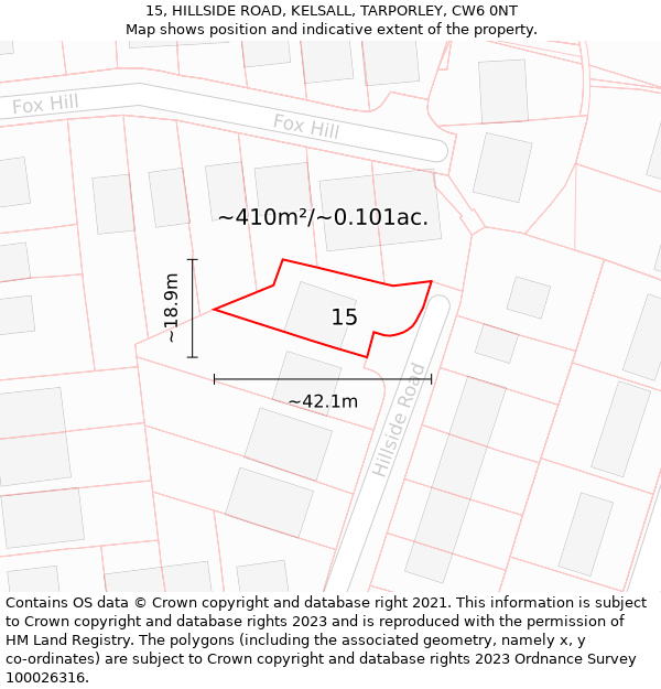 15, HILLSIDE ROAD, KELSALL, TARPORLEY, CW6 0NT: Plot and title map