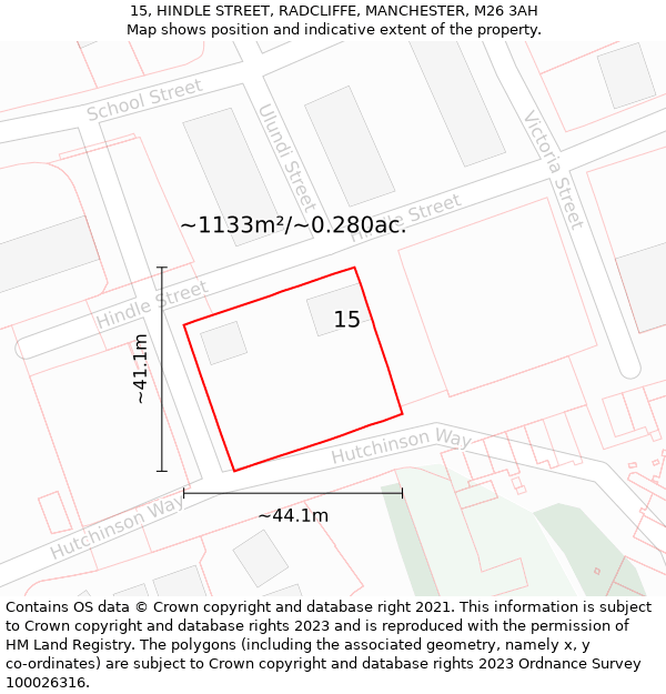 15, HINDLE STREET, RADCLIFFE, MANCHESTER, M26 3AH: Plot and title map