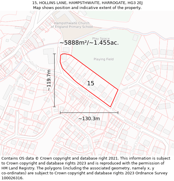 15, HOLLINS LANE, HAMPSTHWAITE, HARROGATE, HG3 2EJ: Plot and title map