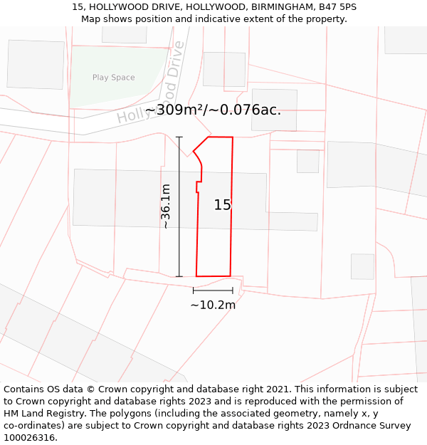 15, HOLLYWOOD DRIVE, HOLLYWOOD, BIRMINGHAM, B47 5PS: Plot and title map