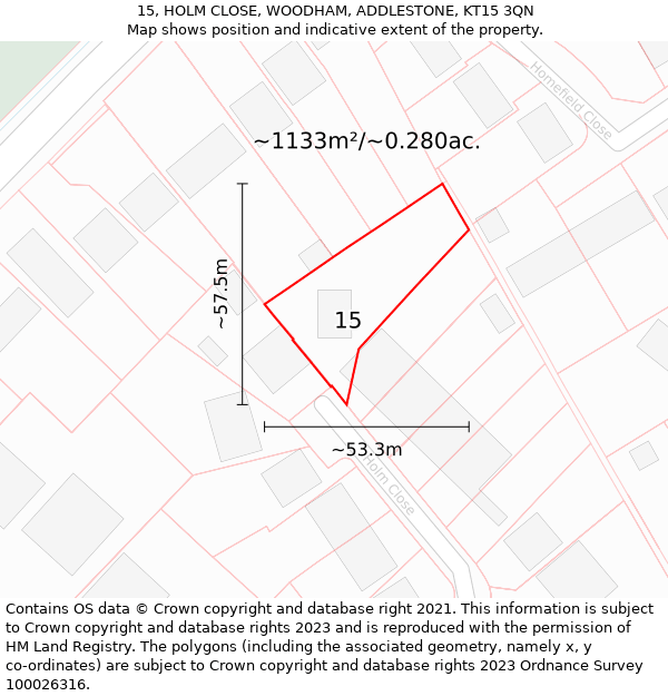 15, HOLM CLOSE, WOODHAM, ADDLESTONE, KT15 3QN: Plot and title map