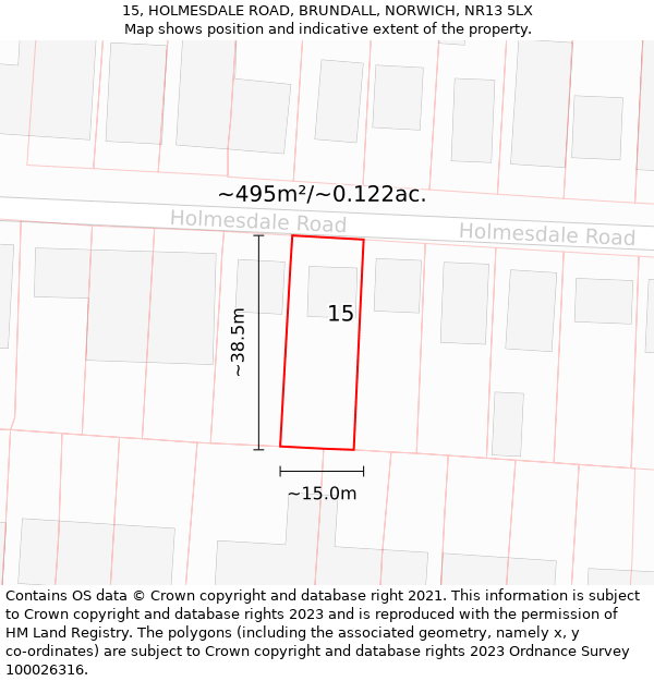 15, HOLMESDALE ROAD, BRUNDALL, NORWICH, NR13 5LX: Plot and title map