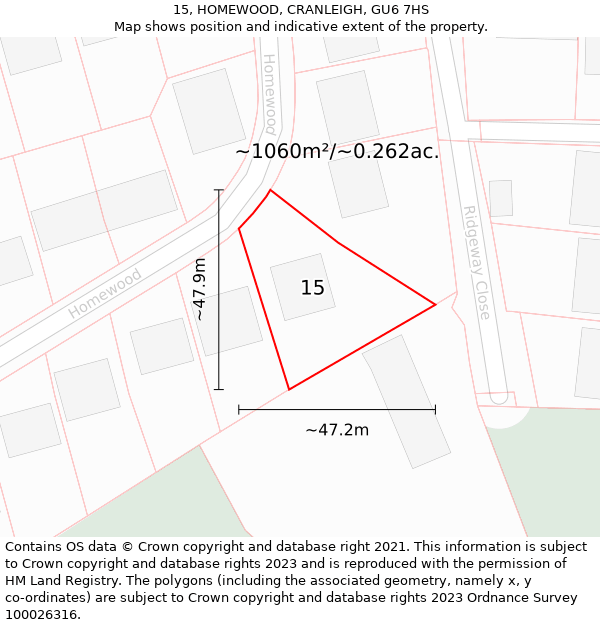 15, HOMEWOOD, CRANLEIGH, GU6 7HS: Plot and title map