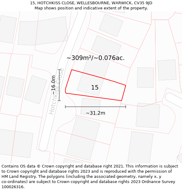 15, HOTCHKISS CLOSE, WELLESBOURNE, WARWICK, CV35 9JD: Plot and title map