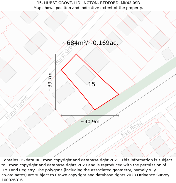 15, HURST GROVE, LIDLINGTON, BEDFORD, MK43 0SB: Plot and title map