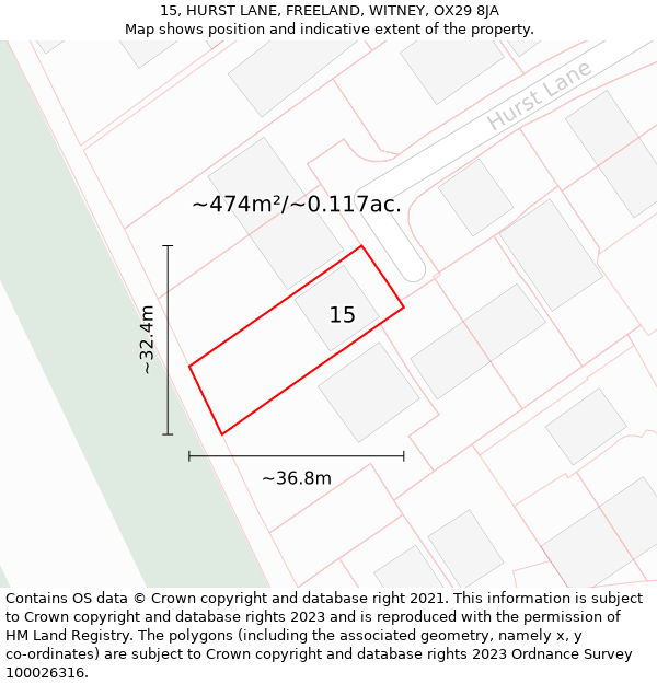 15, HURST LANE, FREELAND, WITNEY, OX29 8JA: Plot and title map