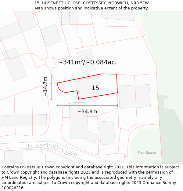 15, HUSENBETH CLOSE, COSTESSEY, NORWICH, NR8 5EW: Plot and title map