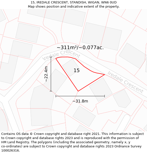 15, IREDALE CRESCENT, STANDISH, WIGAN, WN6 0UD: Plot and title map