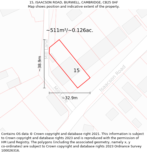 15, ISAACSON ROAD, BURWELL, CAMBRIDGE, CB25 0AF: Plot and title map