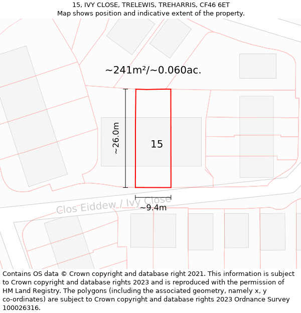 15, IVY CLOSE, TRELEWIS, TREHARRIS, CF46 6ET: Plot and title map