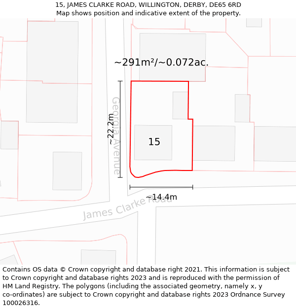 15, JAMES CLARKE ROAD, WILLINGTON, DERBY, DE65 6RD: Plot and title map