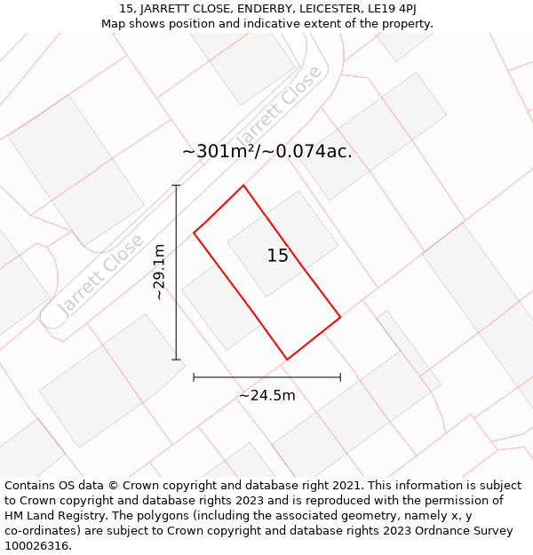 15, JARRETT CLOSE, ENDERBY, LEICESTER, LE19 4PJ: Plot and title map