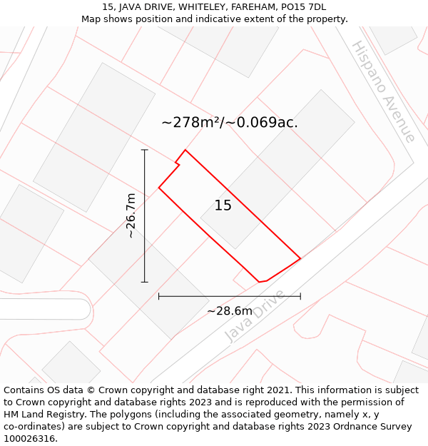 15, JAVA DRIVE, WHITELEY, FAREHAM, PO15 7DL: Plot and title map